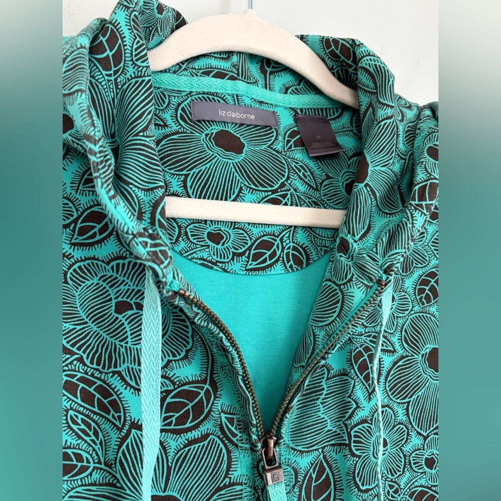 Liz Claiborne Teal and Brown Floral‎ Stretch Hoodie, Size Medium - Picture 8 of 13
